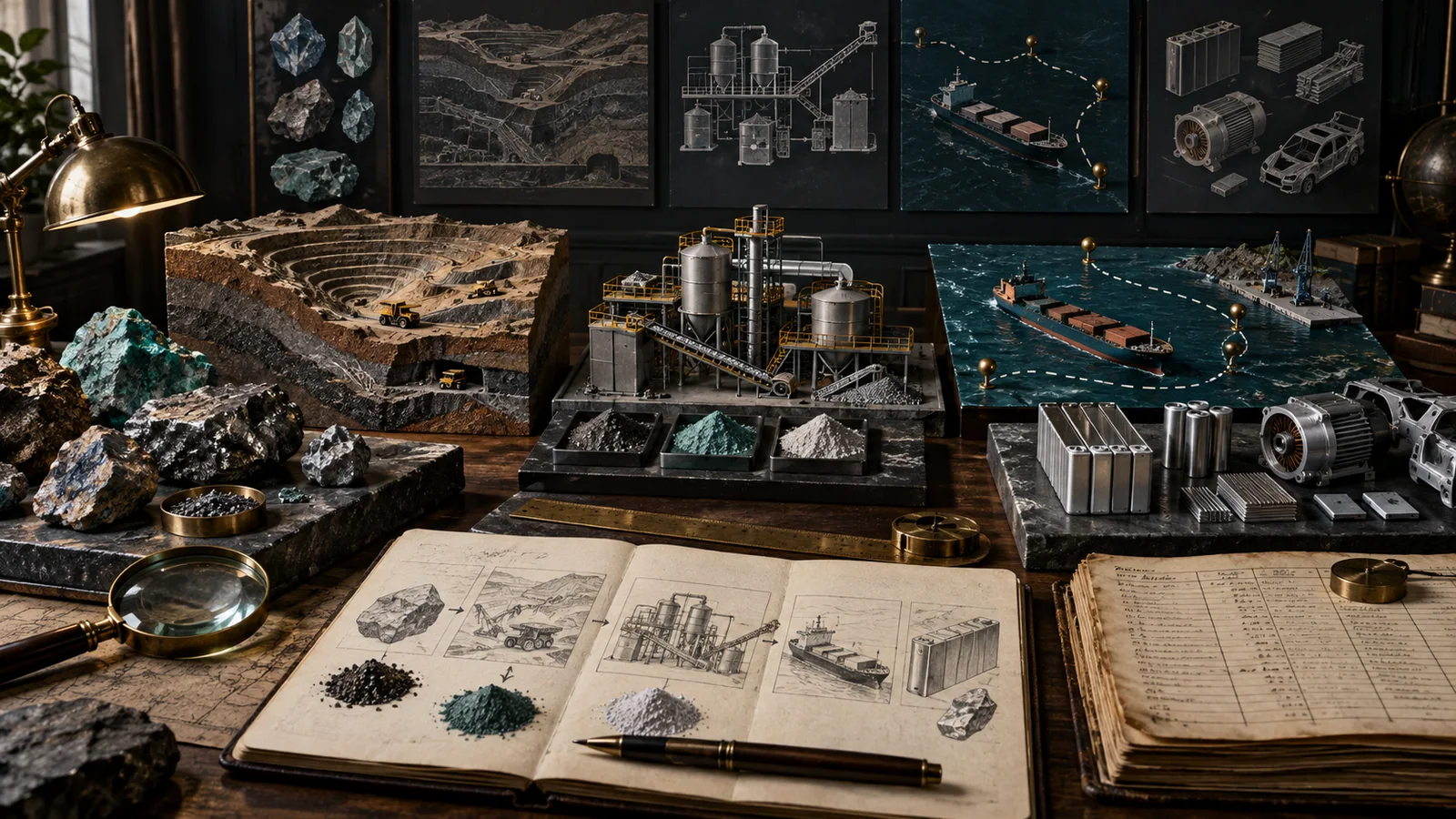 Mineral samples, mine model, processing plant, shipping route, and manufactured components form a complete evidence chain